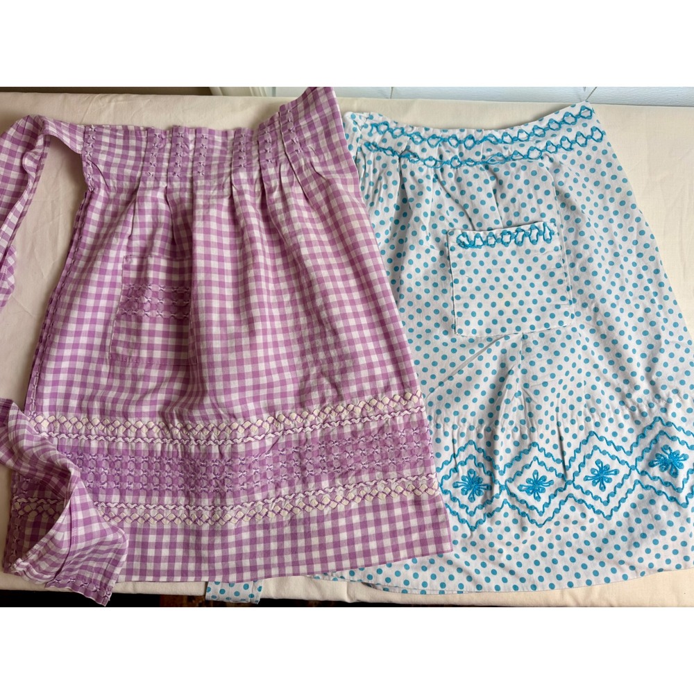 VTG Pinup Half Aprons 1950s Blue & Purple Gingham Pocket RikRack Retro Kitchen - Picture 2 of 12